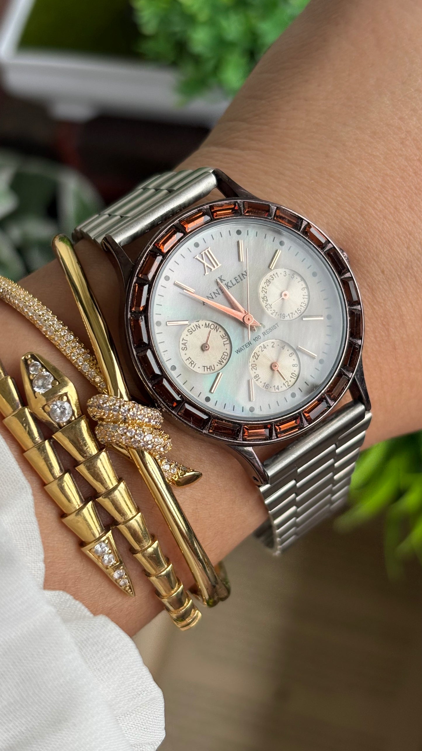 Vintage Anne Klein Bejeweled Watch in Silver Tone Display Chrono Pearl Dial