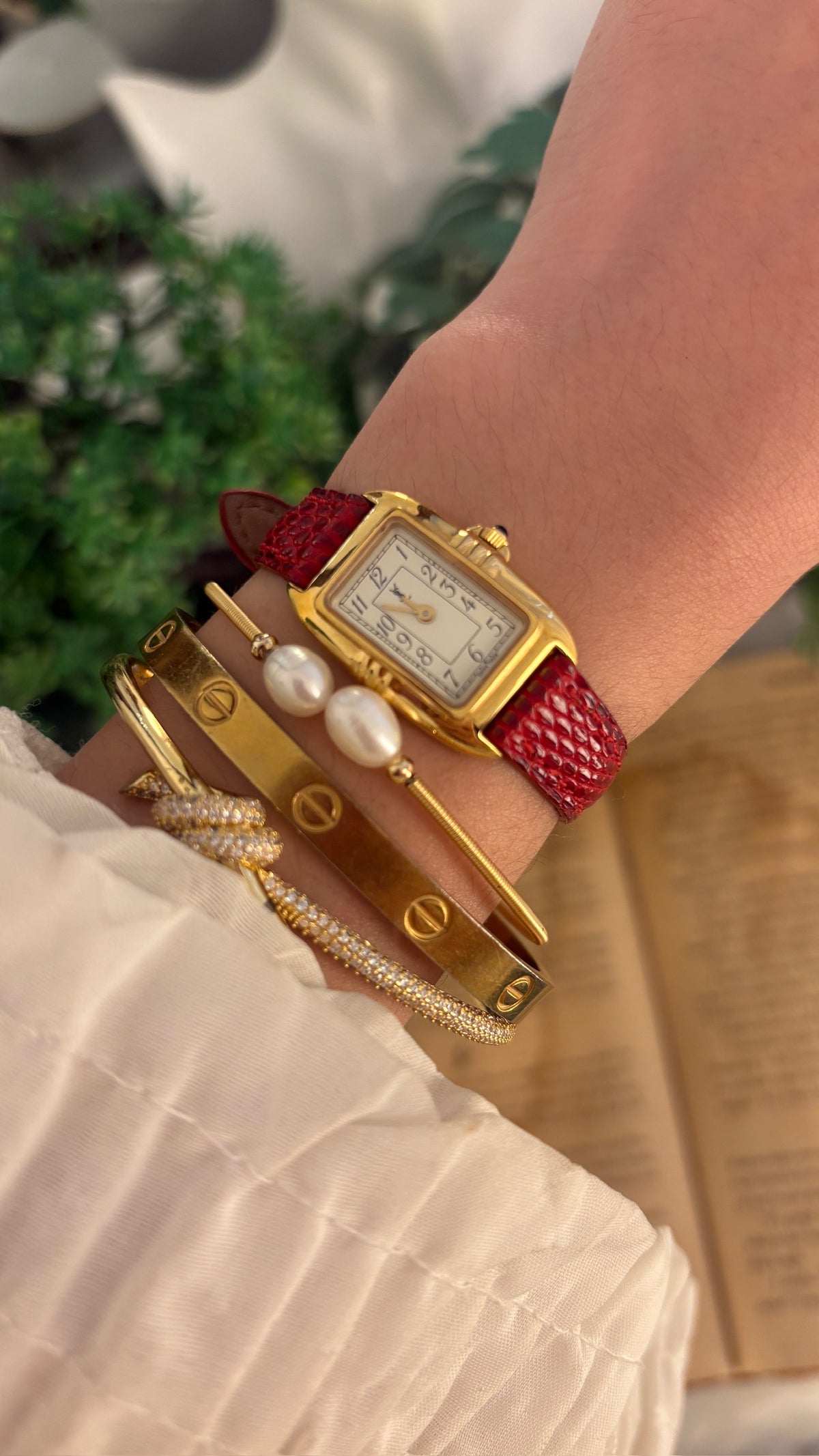 Rare Vintage Yves Saint Laurent Swiss Tank Watch in Gold Tone Red Leather Quartz