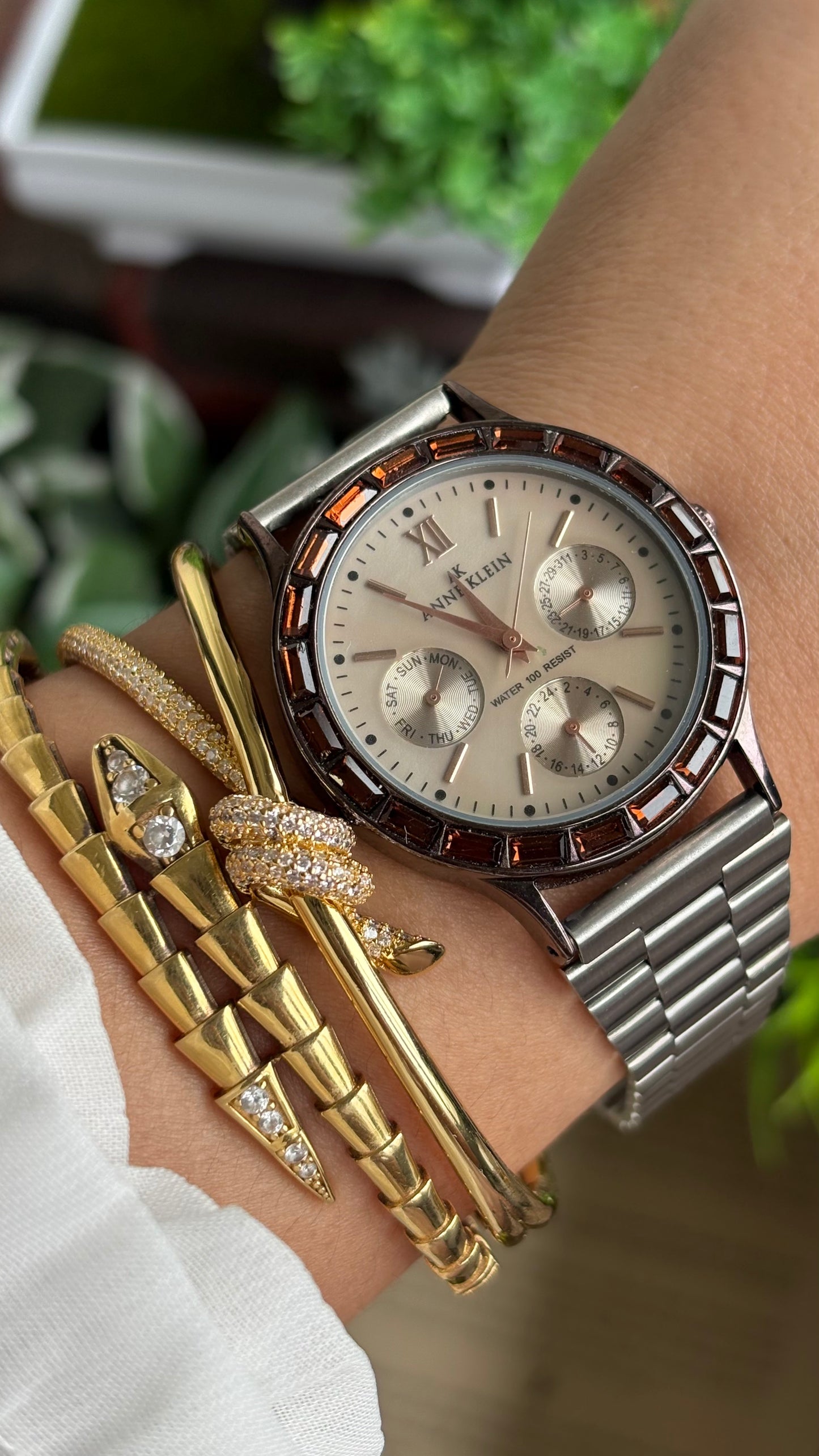 Vintage Anne Klein Bejeweled Watch in Silver Tone Display Chrono Pearl Dial