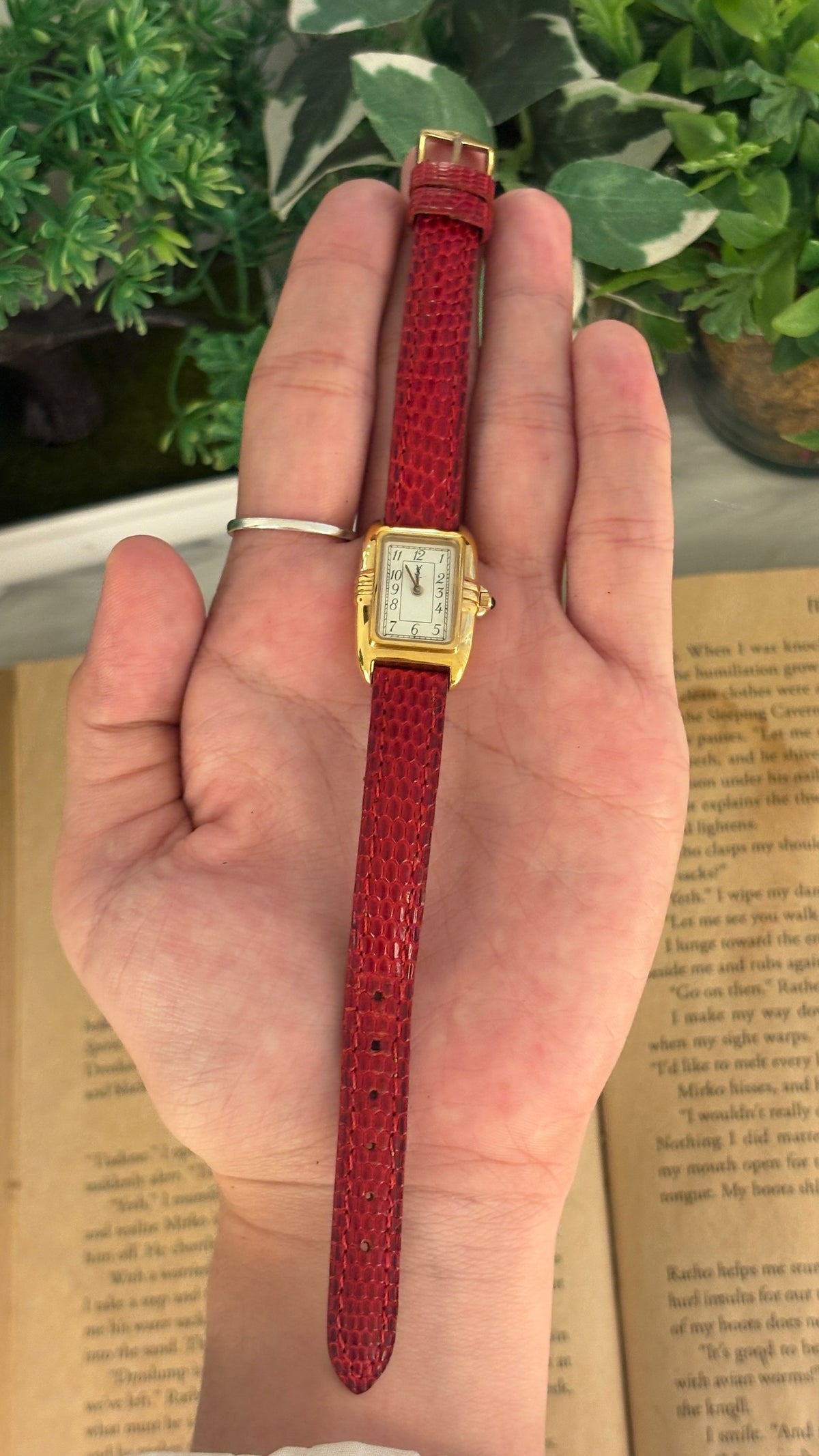 Rare Vintage Yves Saint Laurent Swiss Tank Watch in Gold Tone Red Leather Quartz