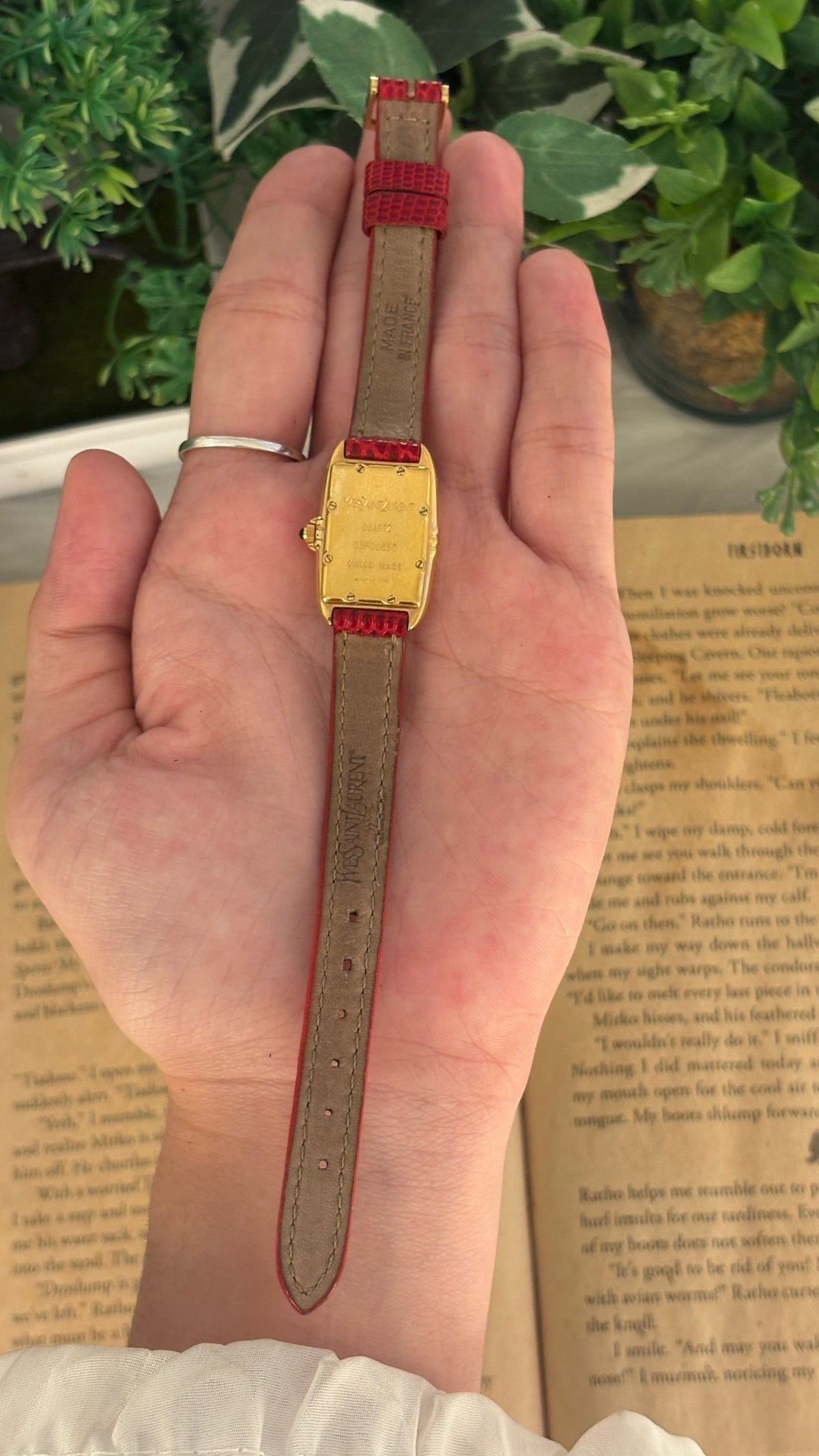 Rare Vintage Yves Saint Laurent Swiss Tank Watch in Gold Tone Red Leather Quartz