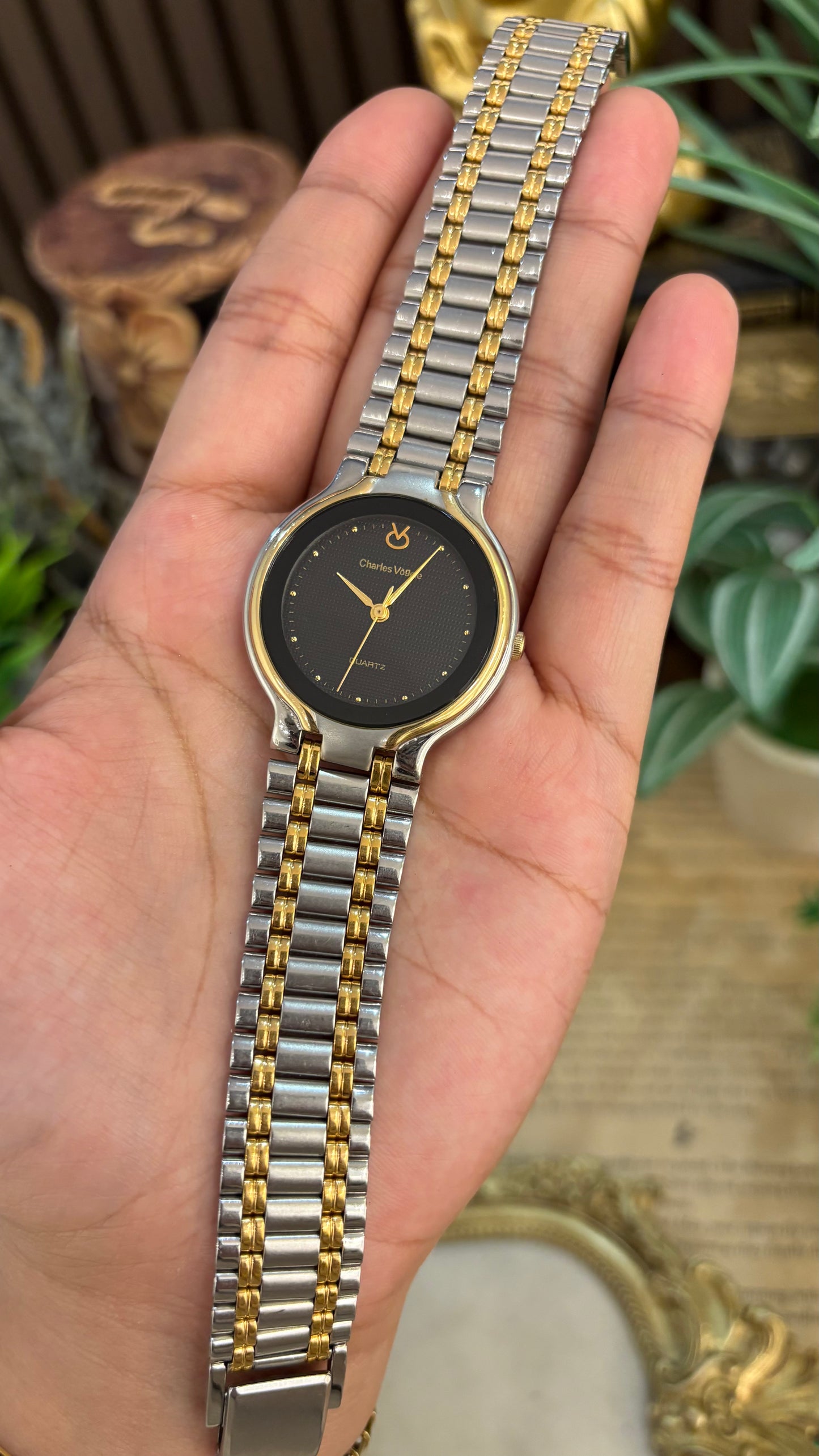 Vintage Elegant Charles Vogele Mens Classic Watch in Two-Tone Black Dial Quartz