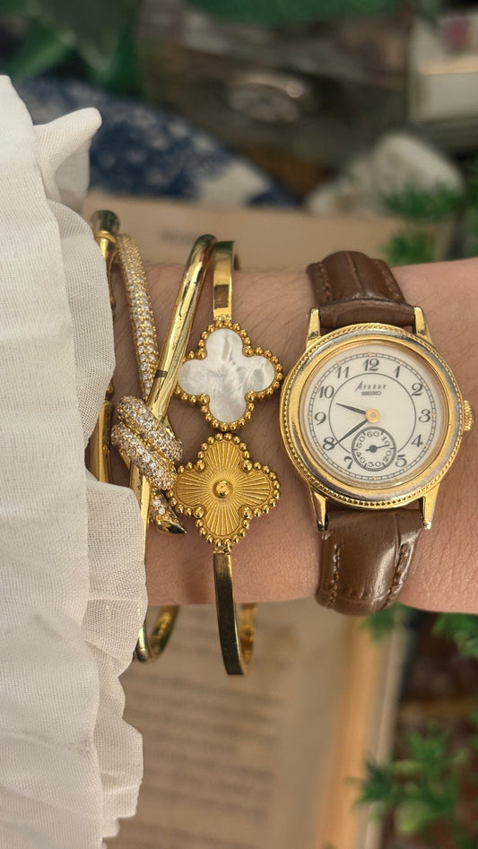 Rare Vintage Seiko Avenue Dual Chrono Seconds Watch in Gold Tone Brown Leather Quartz