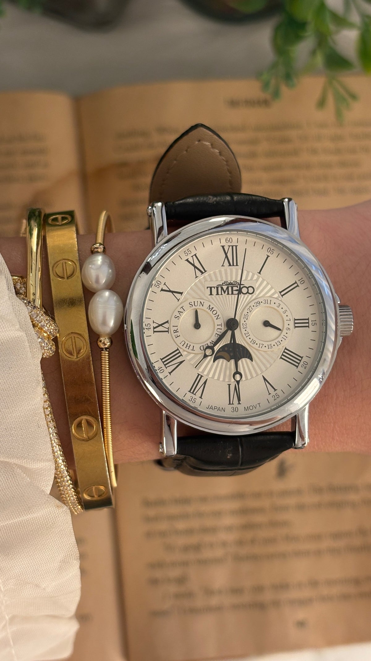 Rare Vintage Time&Co Moonphase Watch in Silver Tone Black Leather Quartz