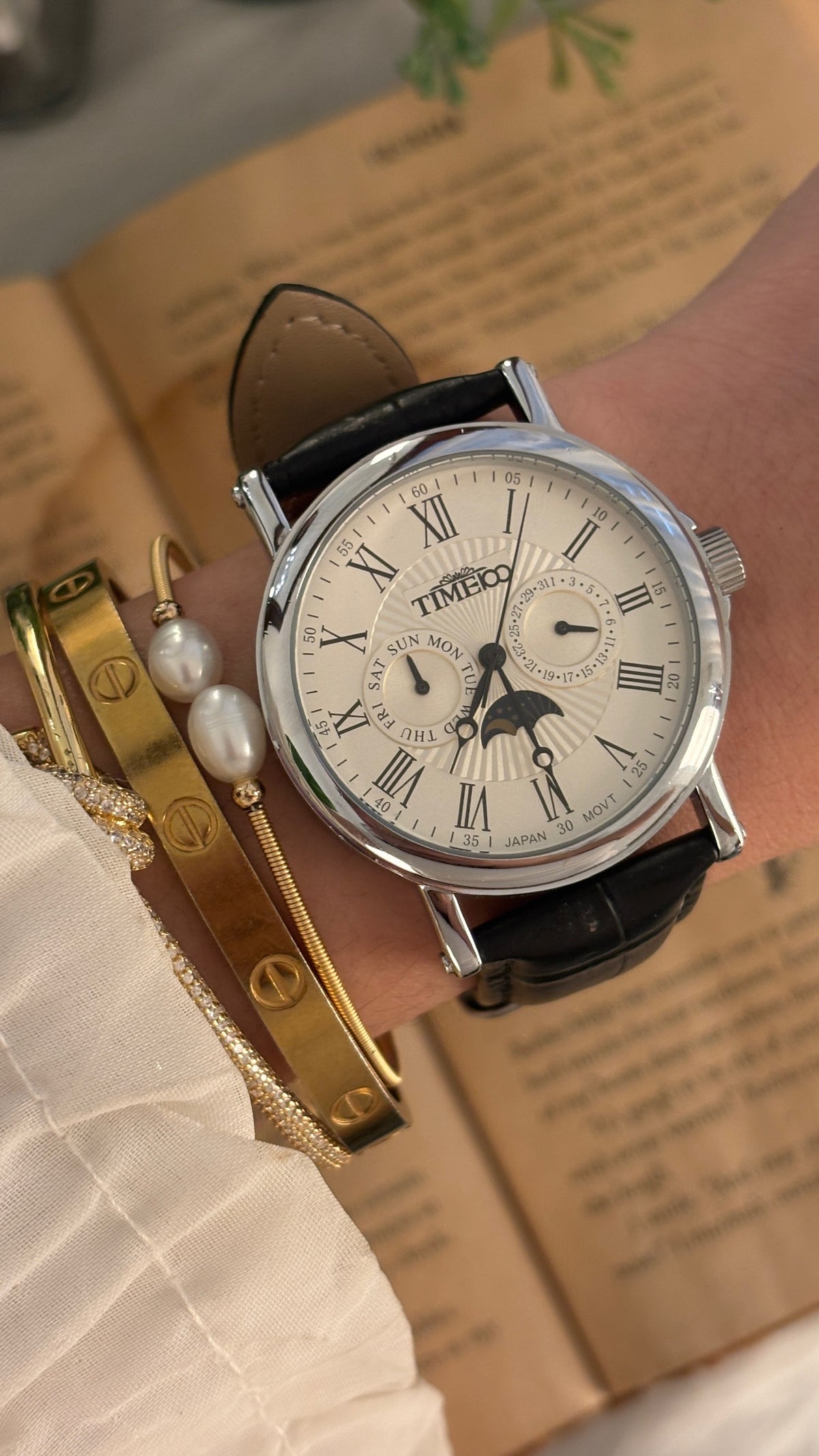 Rare Vintage Time&Co Moonphase Watch in Silver Tone Black Leather Quartz