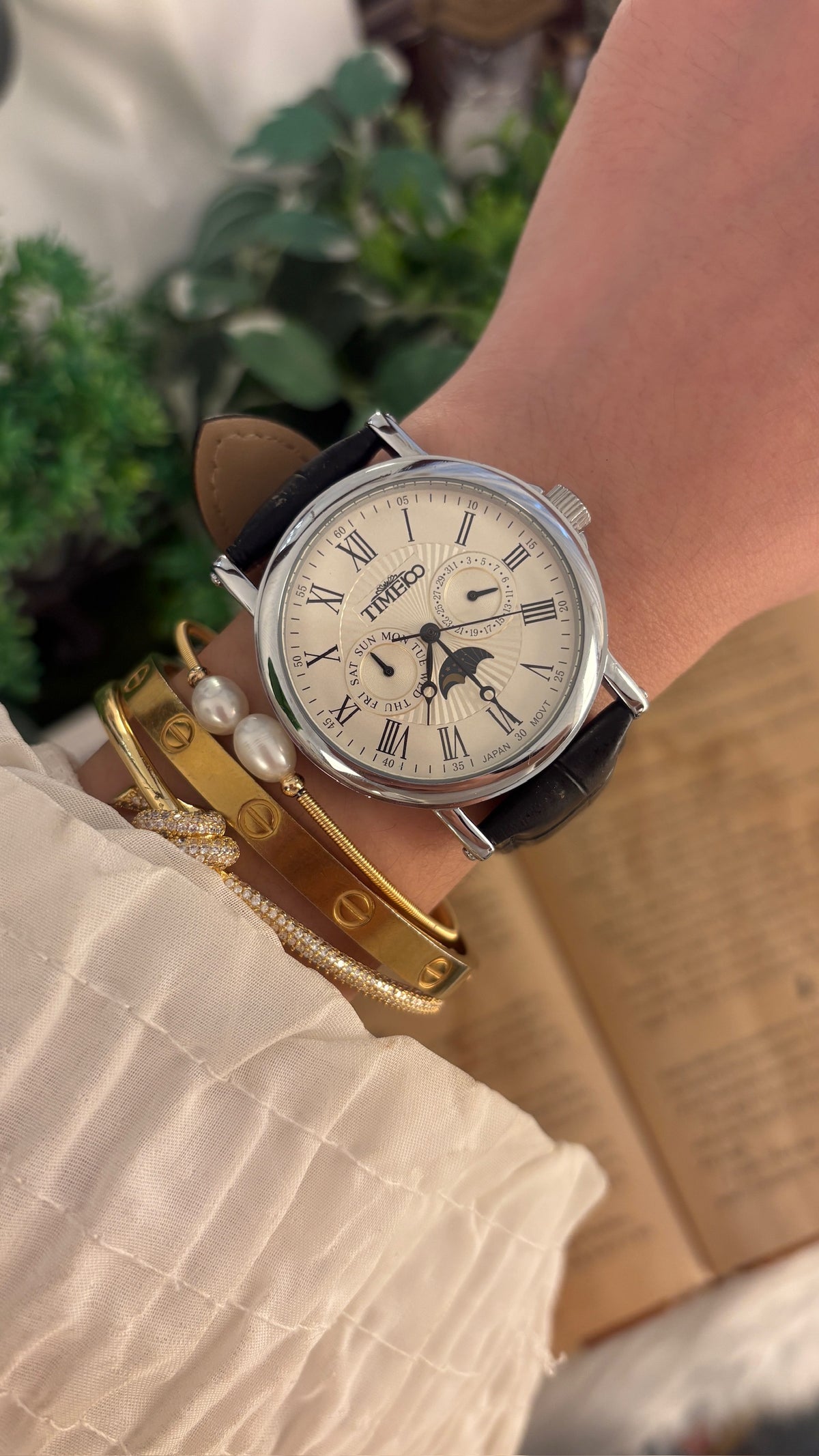 Rare Vintage Time&Co Moonphase Watch in Silver Tone Black Leather Quartz