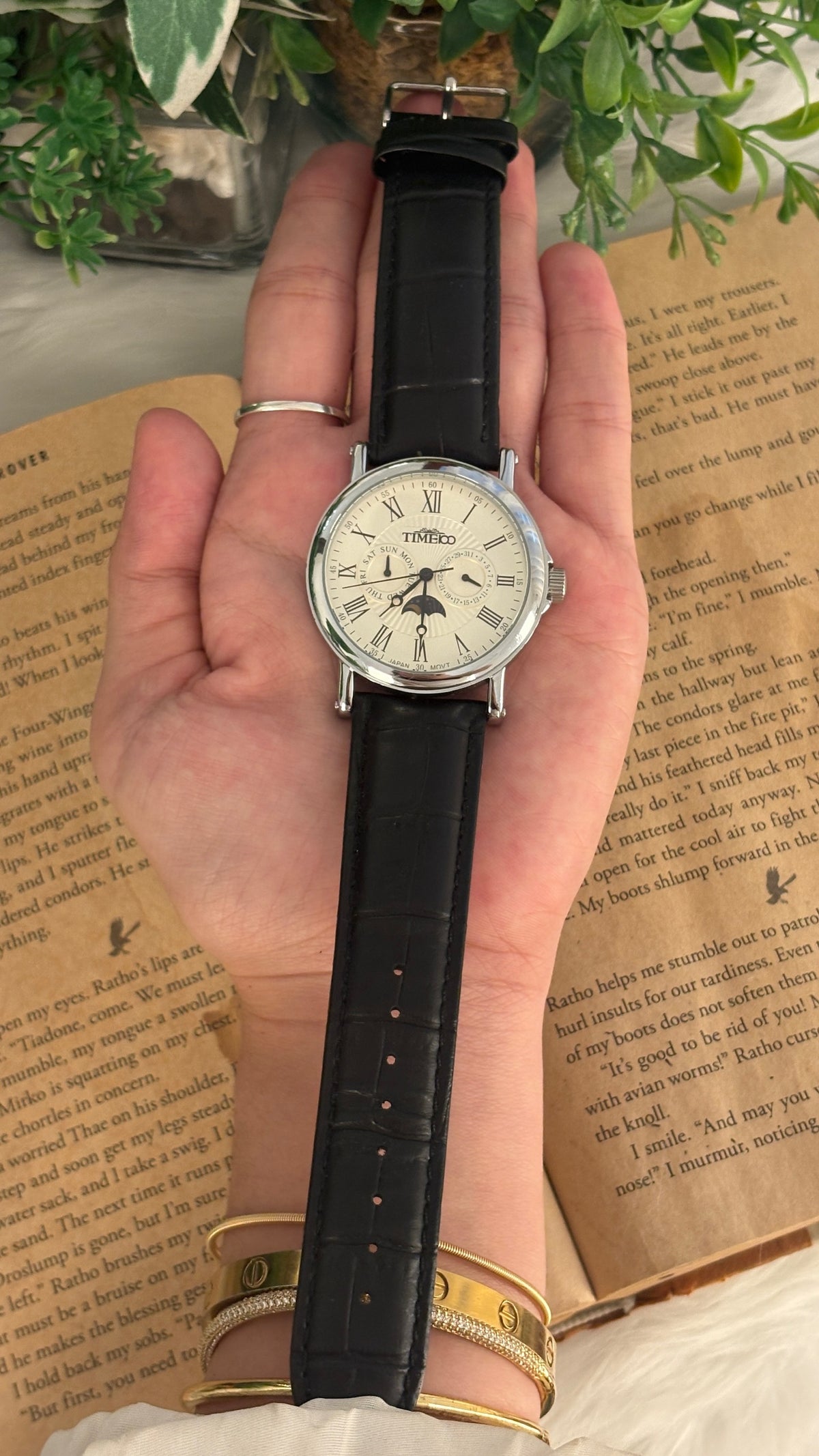 Rare Vintage Time&Co Moonphase Watch in Silver Tone Black Leather Quartz