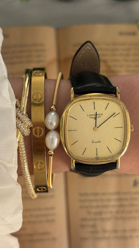 Rare Vintage Longines Swiss Tank Watch in Gold Tone Black Leather Quartz