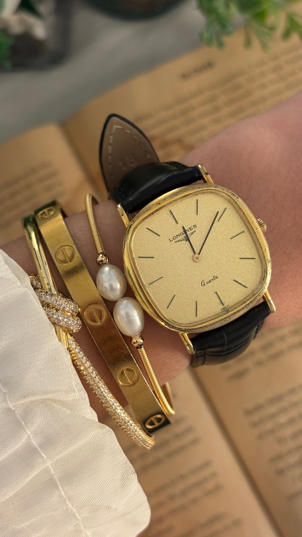 Rare Vintage Longines Swiss Tank Watch in Gold Tone Black Leather Quartz
