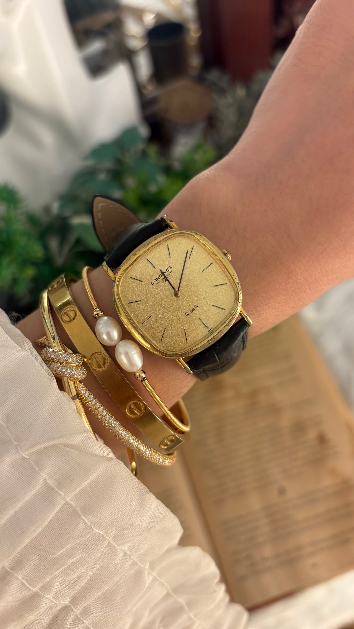 Rare Vintage Longines Swiss Tank Watch in Gold Tone Black Leather Quartz