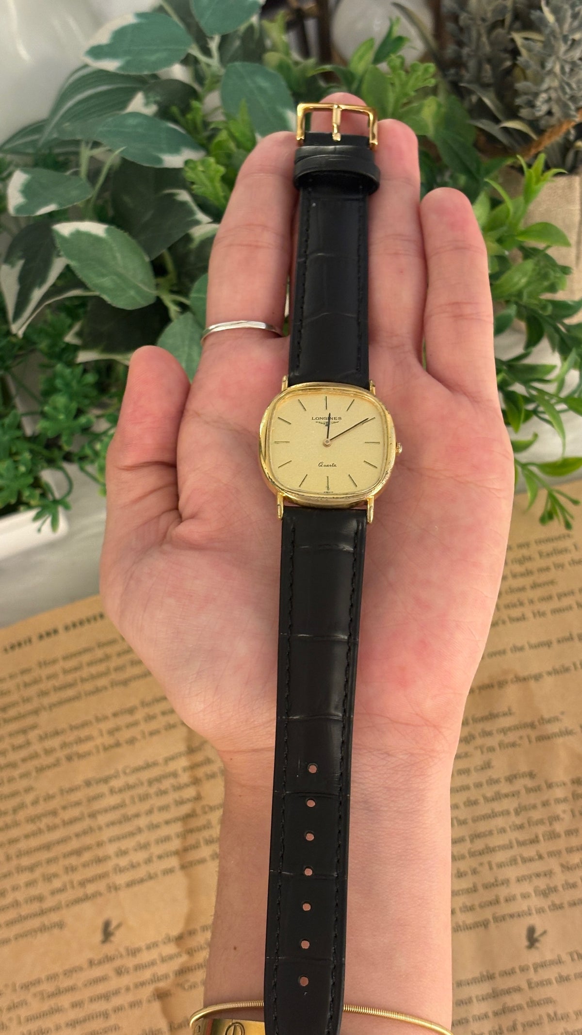 Rare Vintage Longines Swiss Tank Watch in Gold Tone Black Leather Quartz