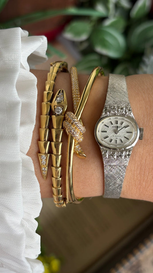 Vintage Seiko Manual Wind Watch in Silver Tone with Eight Diamonds