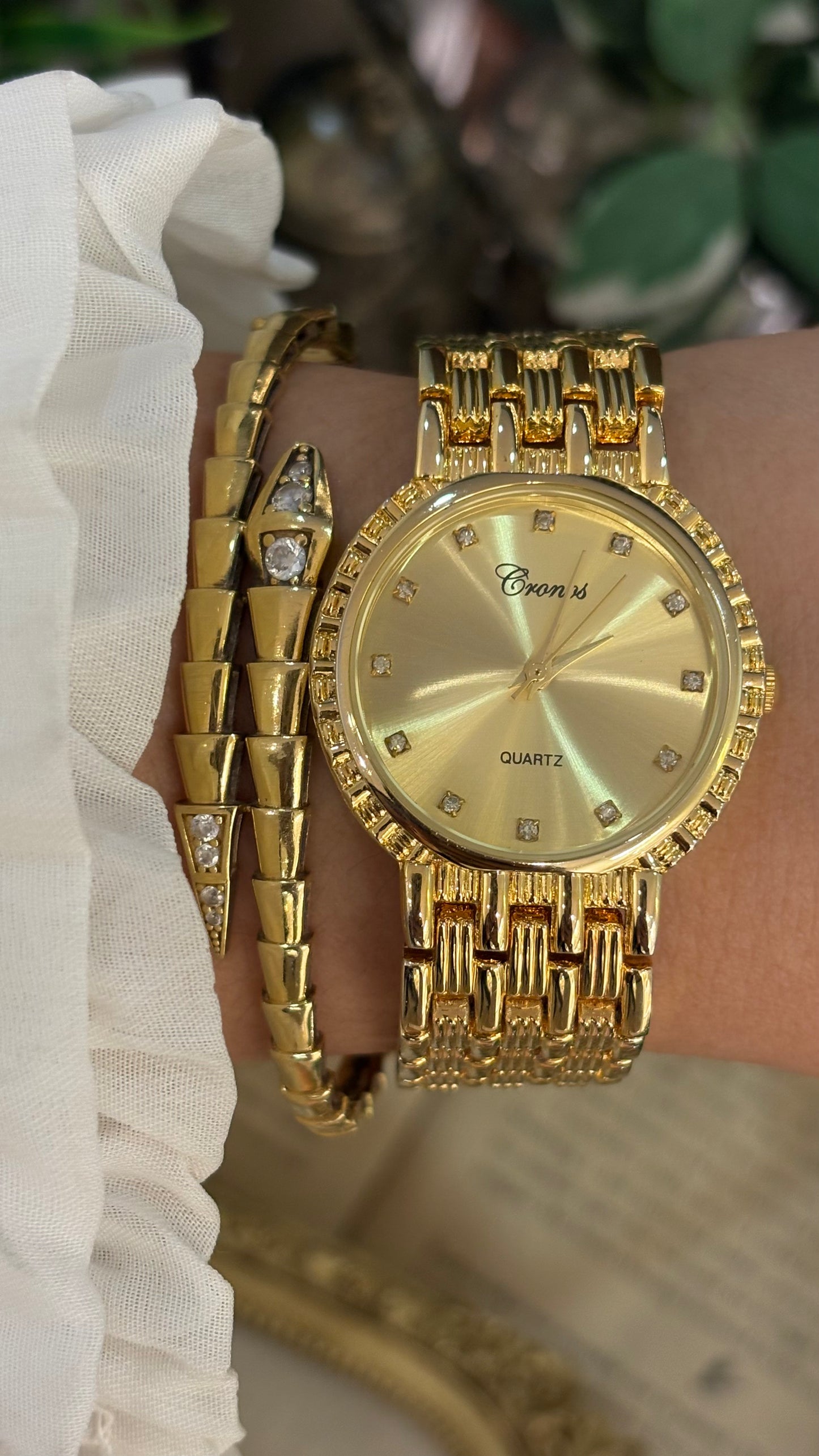 Vintage Cronos Classic Rhinestone Indices Watch in Gold Tone Quartz