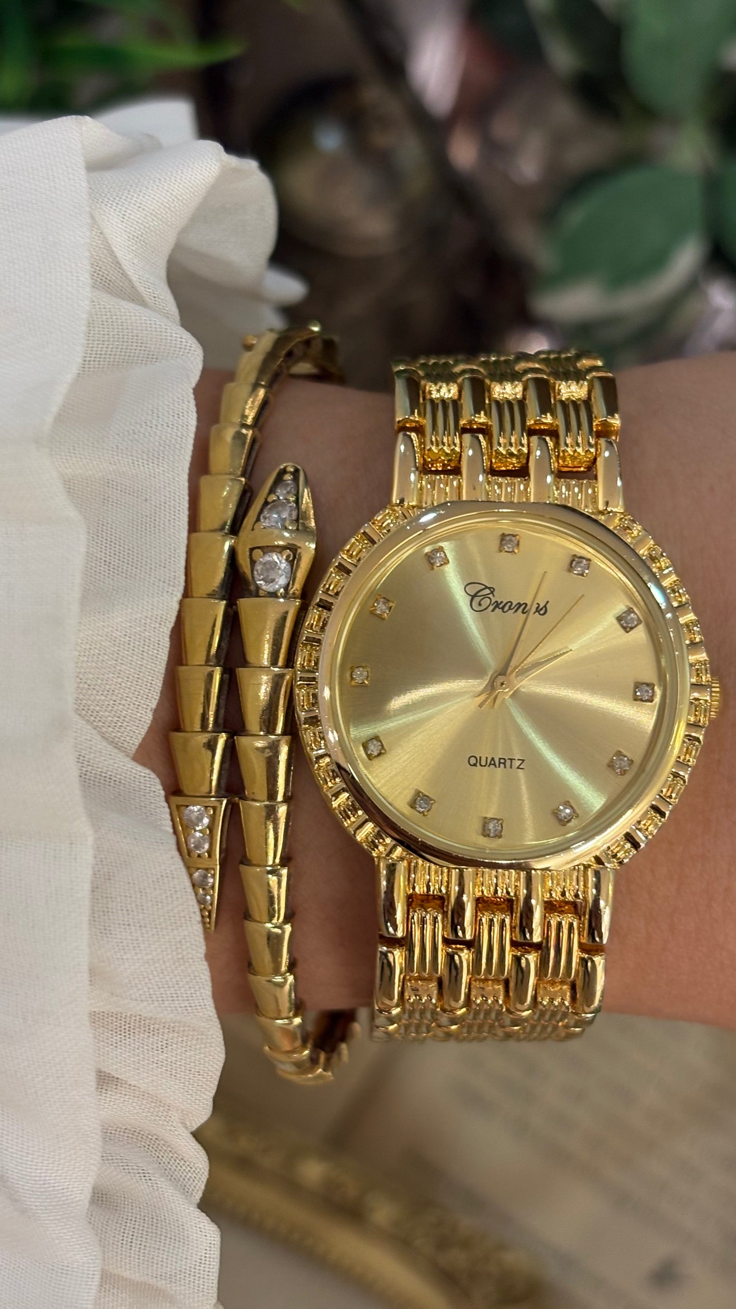 Vintage Cronos Classic Rhinestone Indices Watch in Gold Tone Quartz