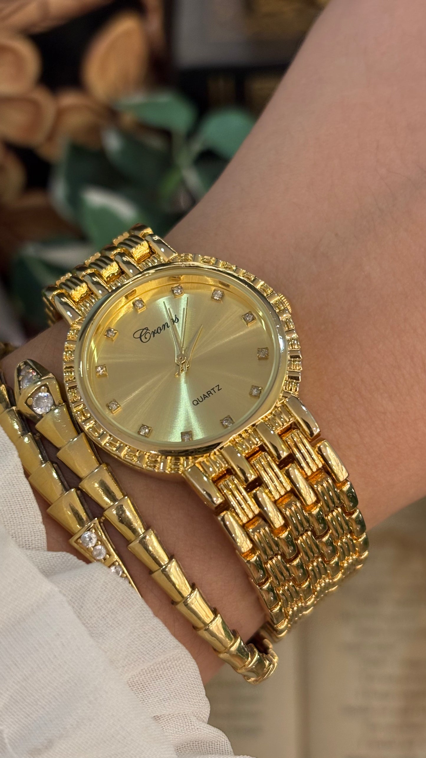 Vintage Cronos Classic Rhinestone Indices Watch in Gold Tone Quartz