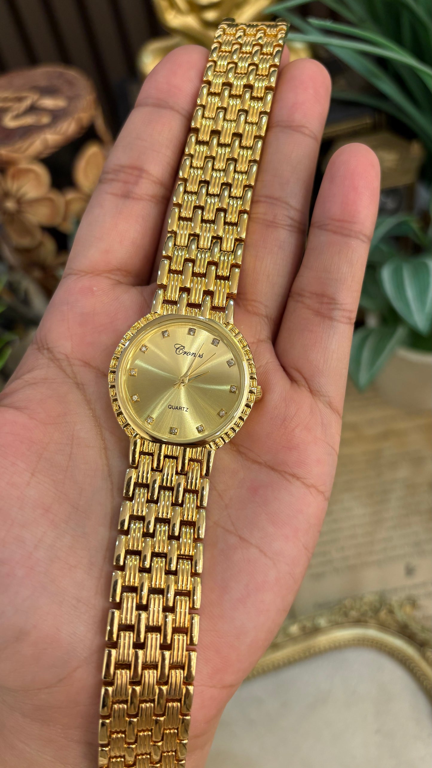 Vintage Cronos Classic Rhinestone Indices Watch in Gold Tone Quartz