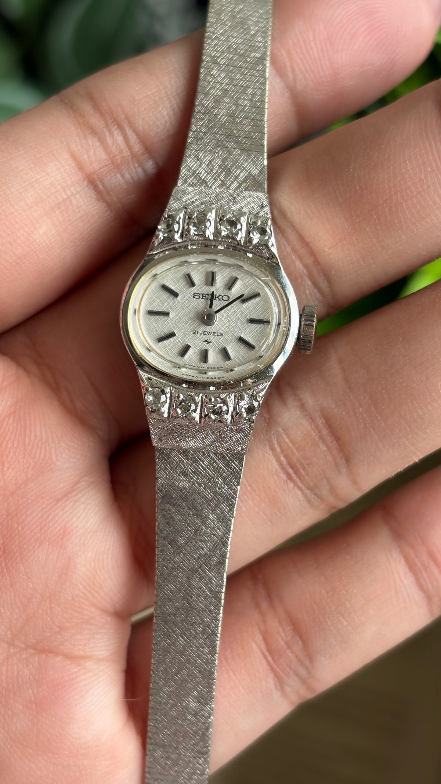 Vintage Seiko Manual Wind Watch in Silver Tone with Eight Diamonds