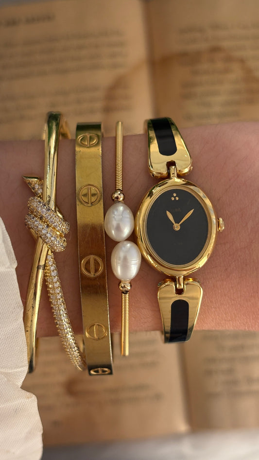 Rare Dainty Vintage Seiko Black Accent Bangle Watch in Gold Tone Quartz