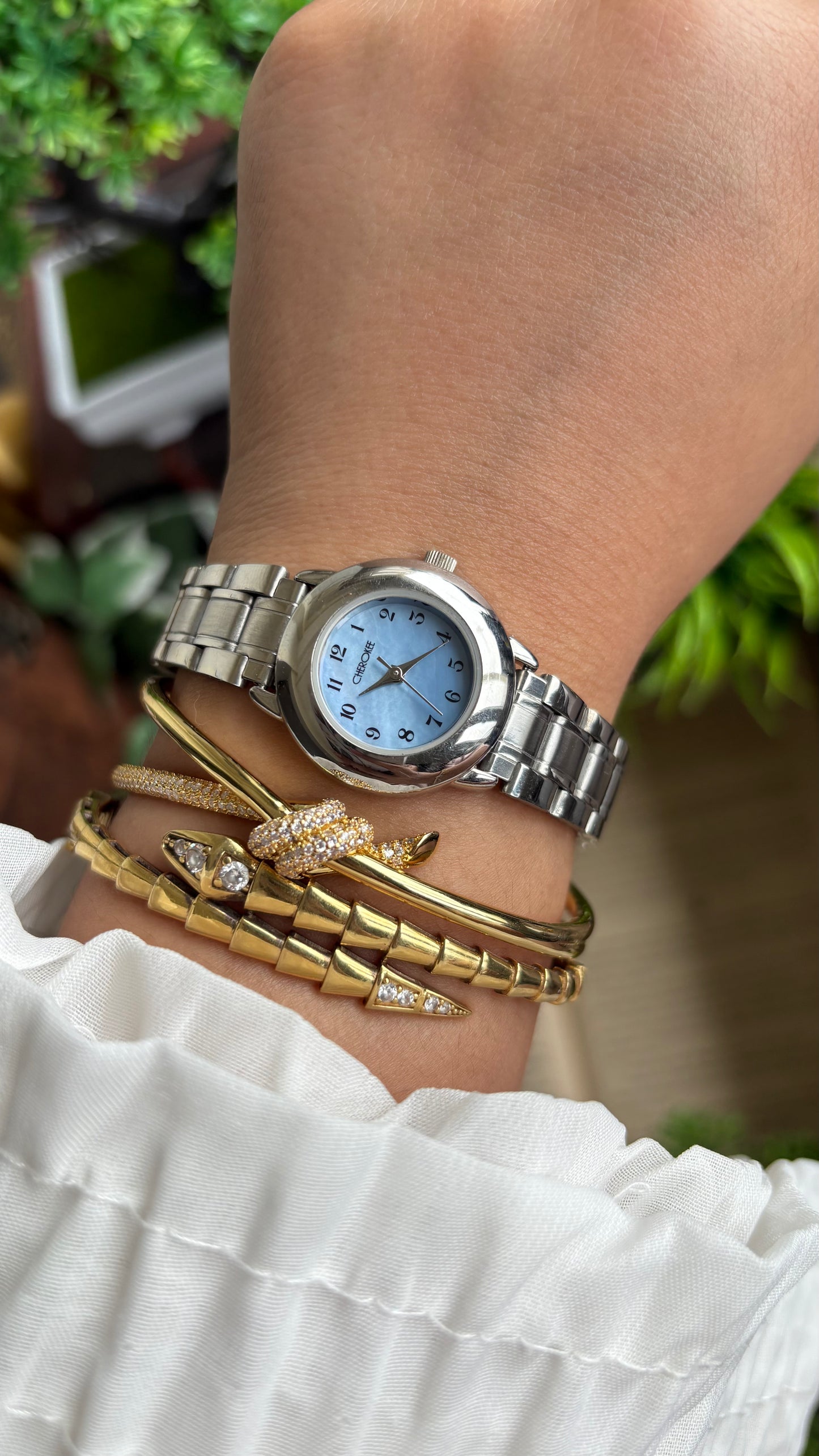 Vintage Cherokee Watch in Silver Tone Mother of Pearl Blue Dial