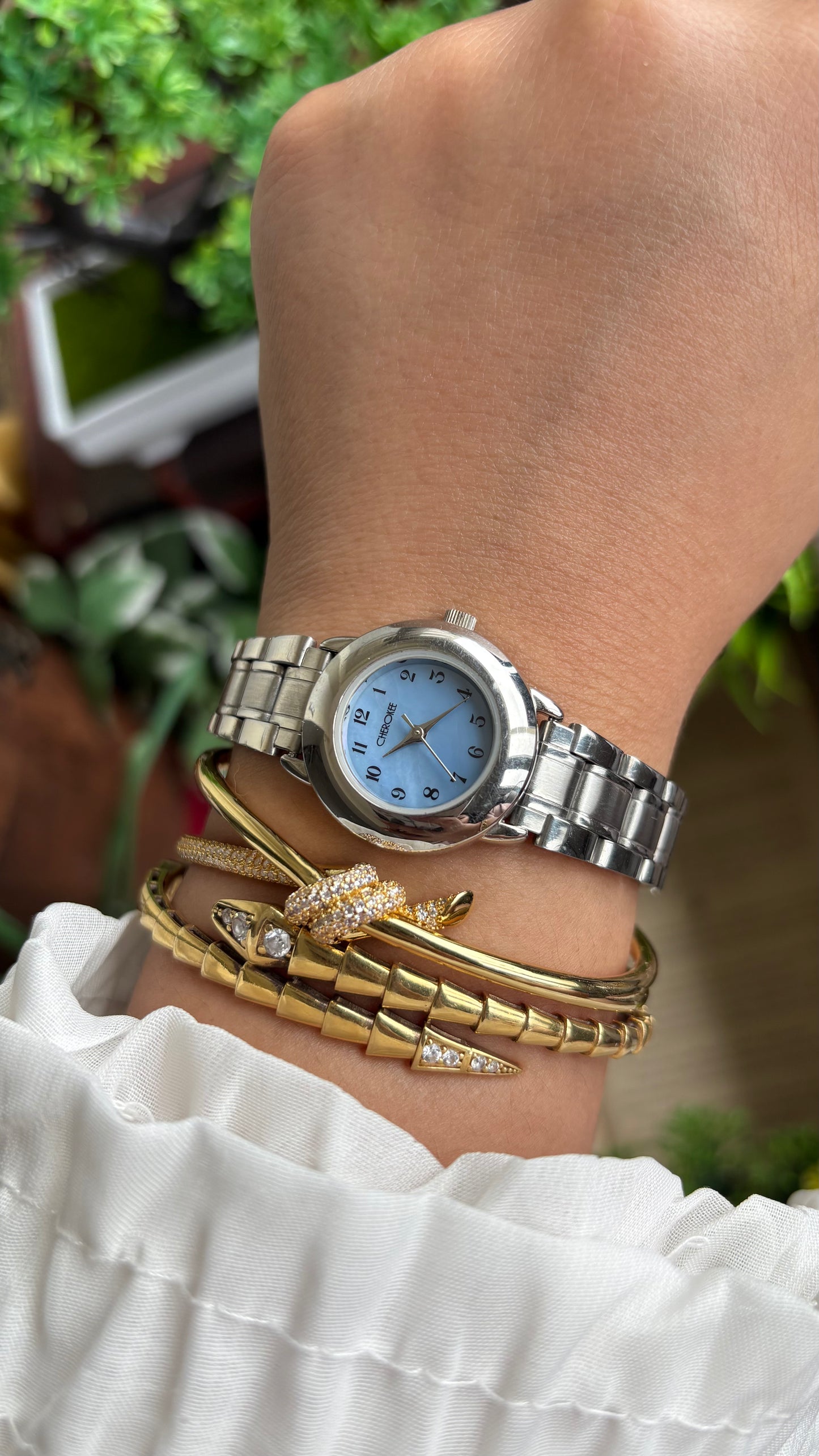 Vintage Cherokee Watch in Silver Tone Mother of Pearl Blue Dial