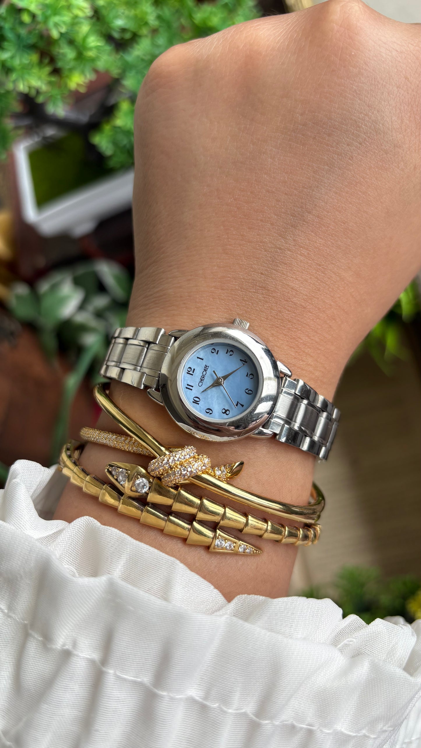Vintage Cherokee Watch in Silver Tone Mother of Pearl Blue Dial