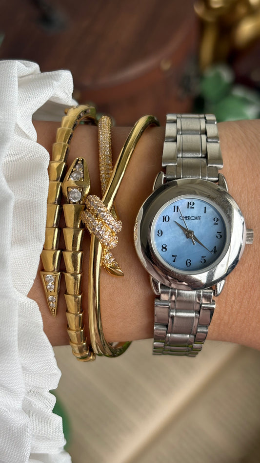 Vintage Cherokee Watch in Silver Tone Mother of Pearl Blue Dial