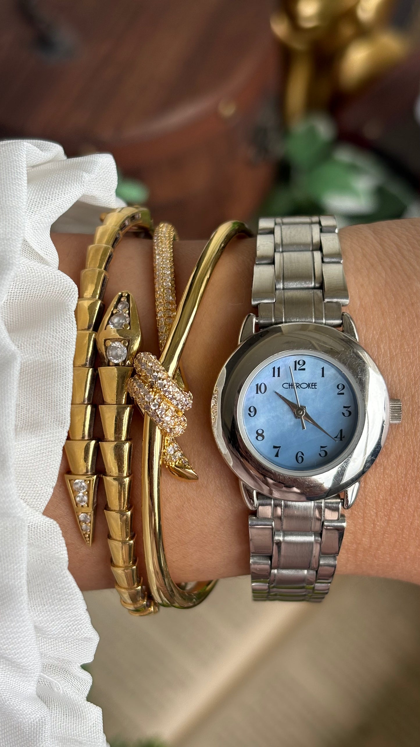 Vintage Cherokee Watch in Silver Tone Mother of Pearl Blue Dial