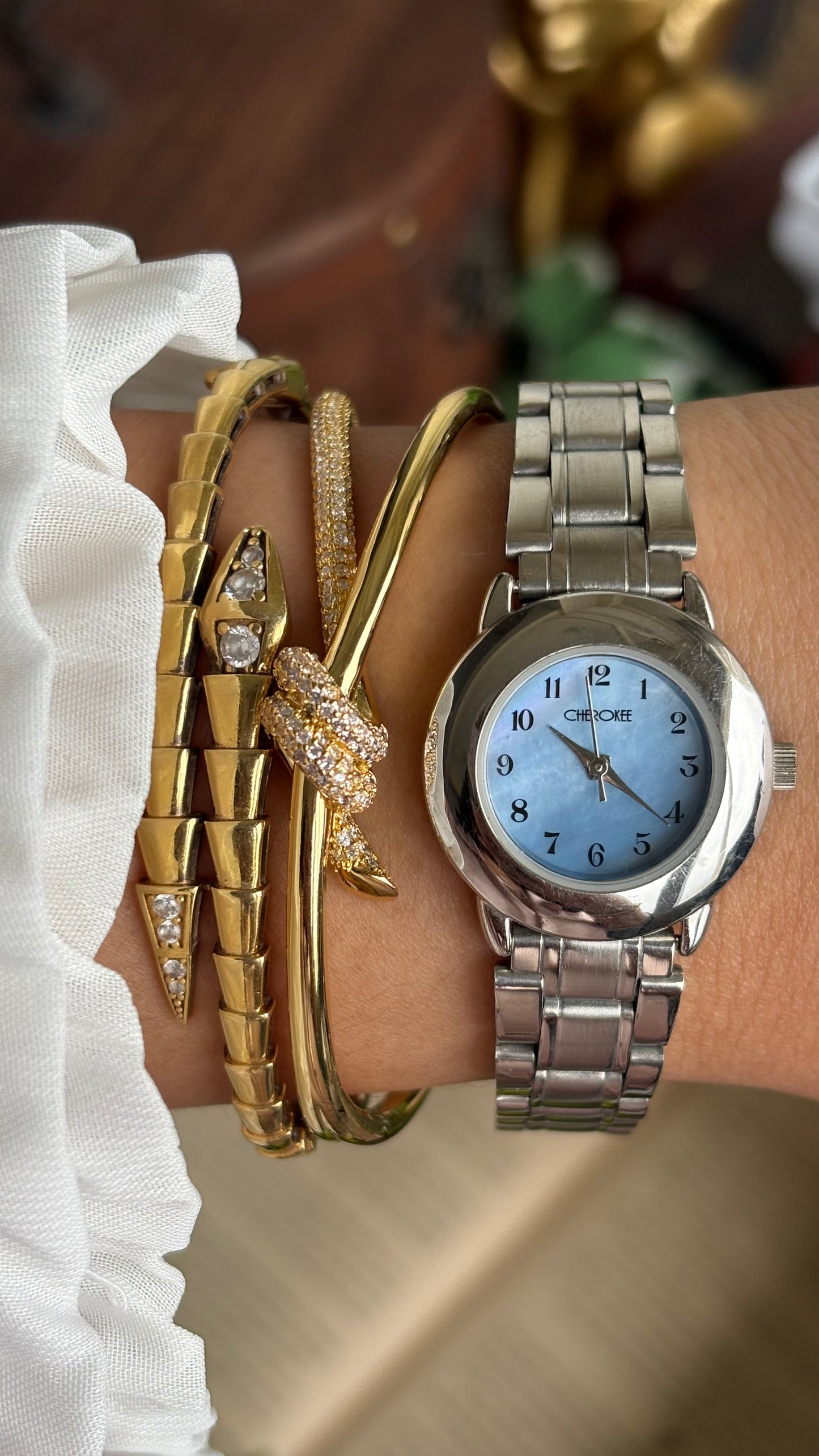 Vintage Cherokee Watch in Silver Tone Mother of Pearl Blue Dial