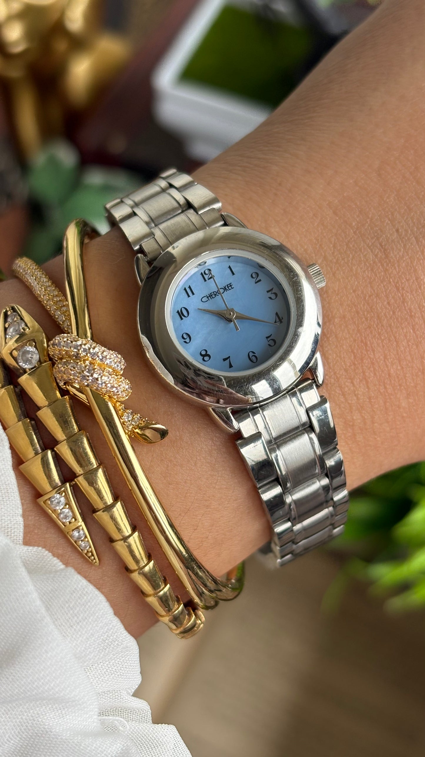 Vintage Cherokee Watch in Silver Tone Mother of Pearl Blue Dial