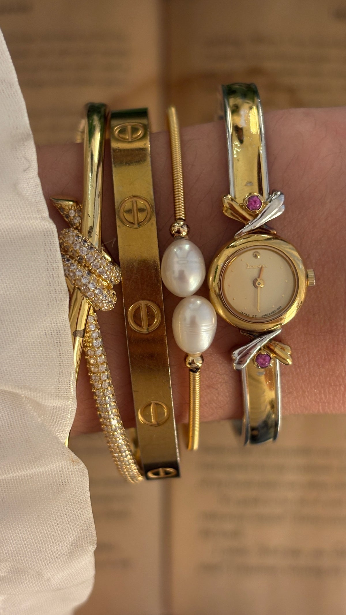 Rare Dainty Vintage Dana Ruby Accent Bangle Watch in Two-Tone Quartz