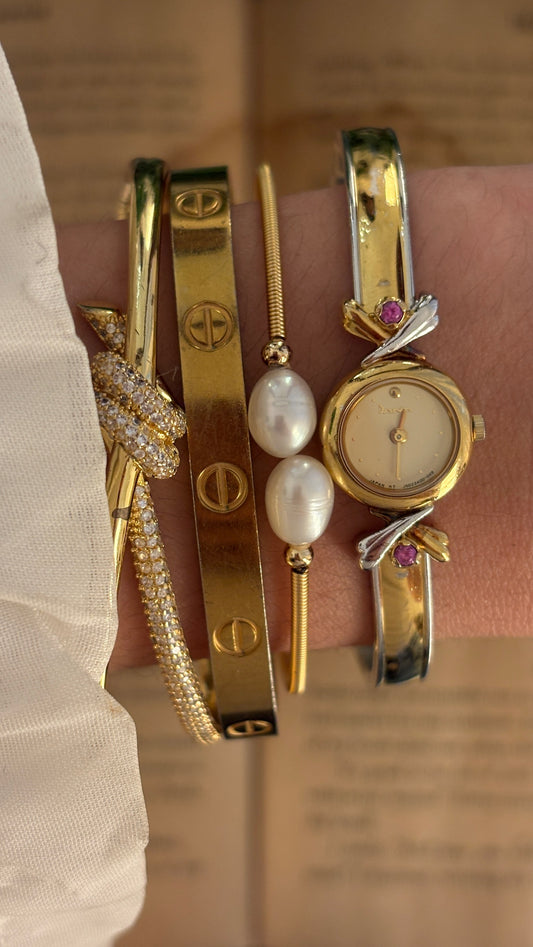 Rare Dainty Vintage Dana Ruby Accent Bangle Watch in Two-Tone Quartz