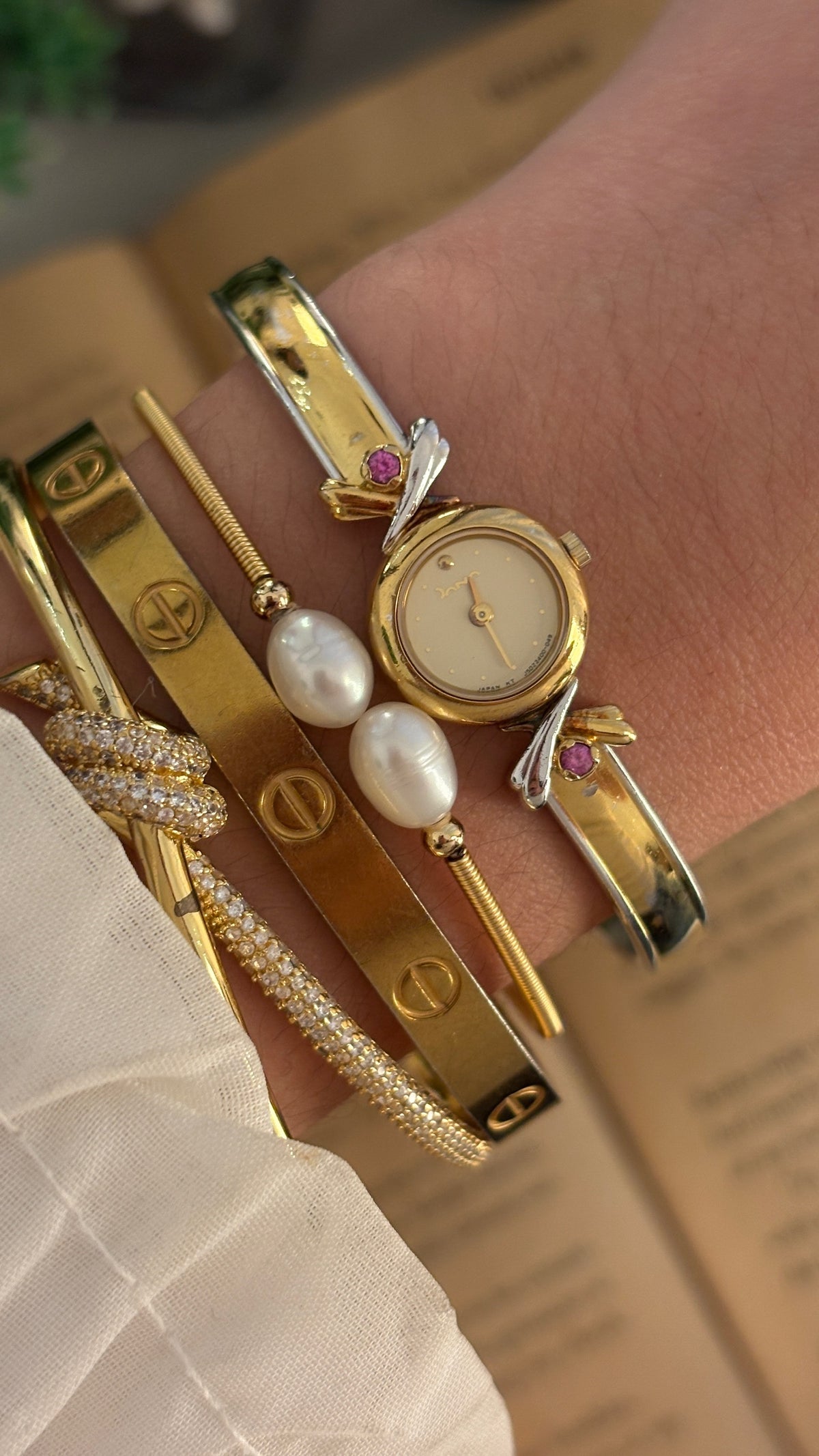 Rare Dainty Vintage Dana Ruby Accent Bangle Watch in Two-Tone Quartz