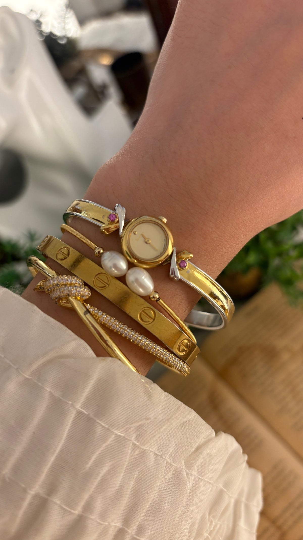 Rare Dainty Vintage Dana Ruby Accent Bangle Watch in Two-Tone Quartz