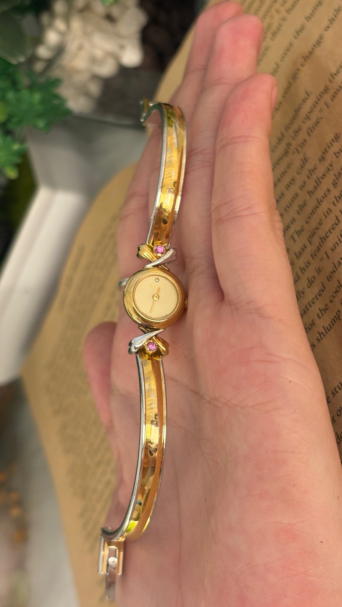 Rare Dainty Vintage Dana Ruby Accent Bangle Watch in Two-Tone Quartz
