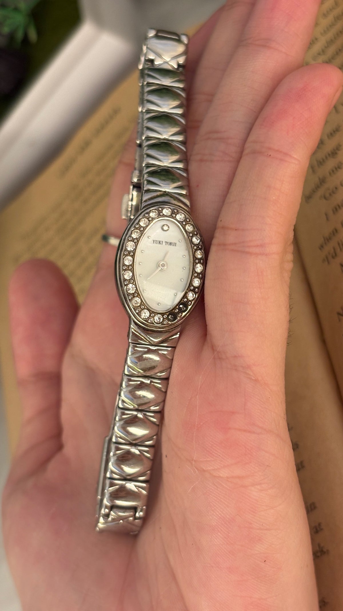 Vintage Yuki Torii Oval Dial Rhinestone Bezel Watch in Silver Tone Quartz