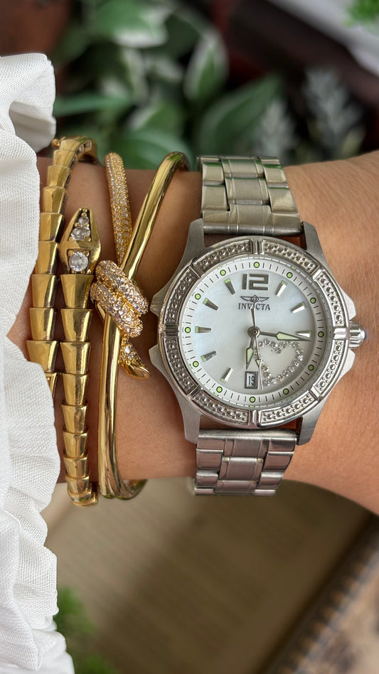 Vintage Invicta Bejeweled Watch in Silver Tone With Window Date