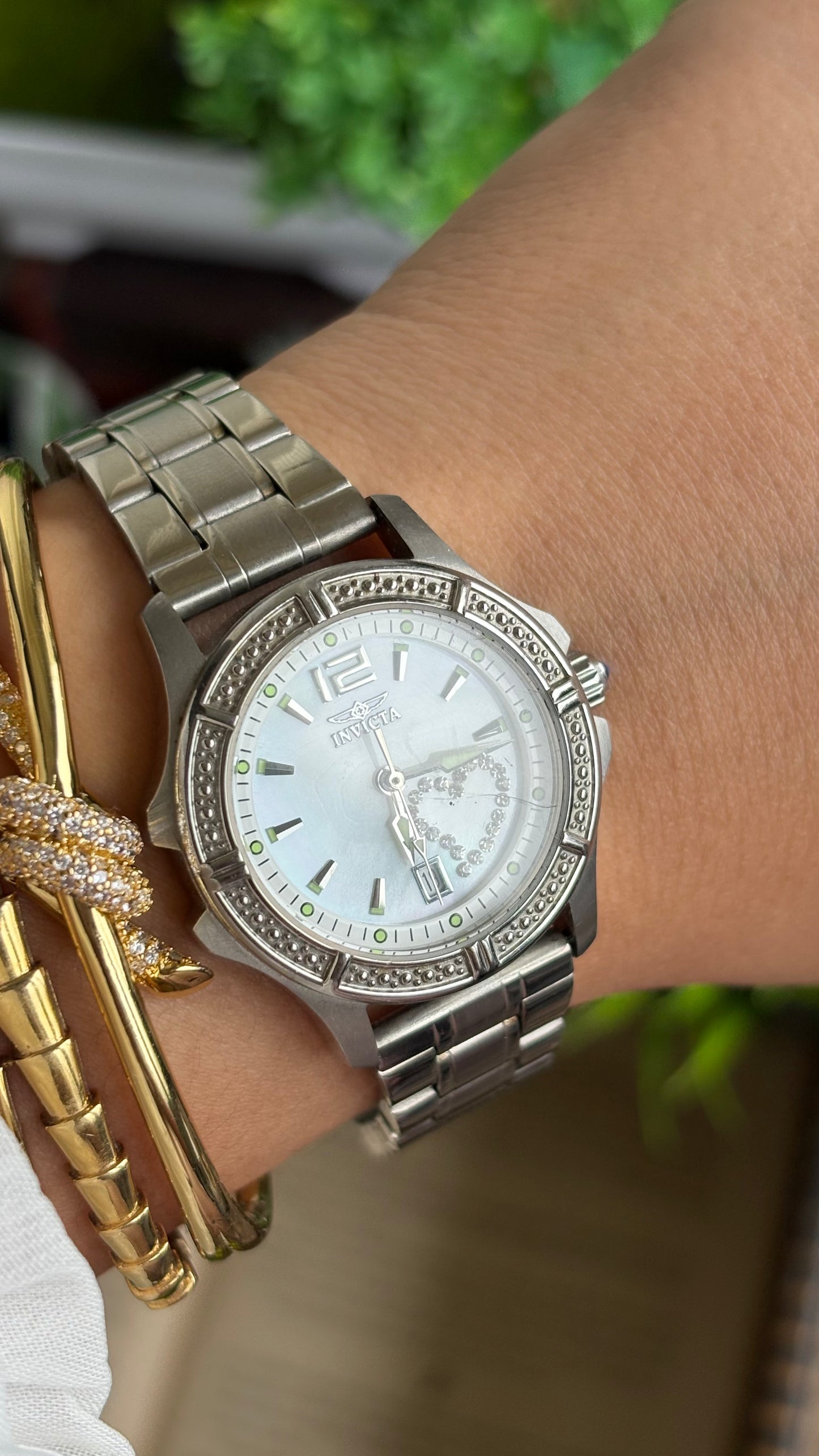Vintage Invicta Bejeweled Watch in Silver Tone With Window Date