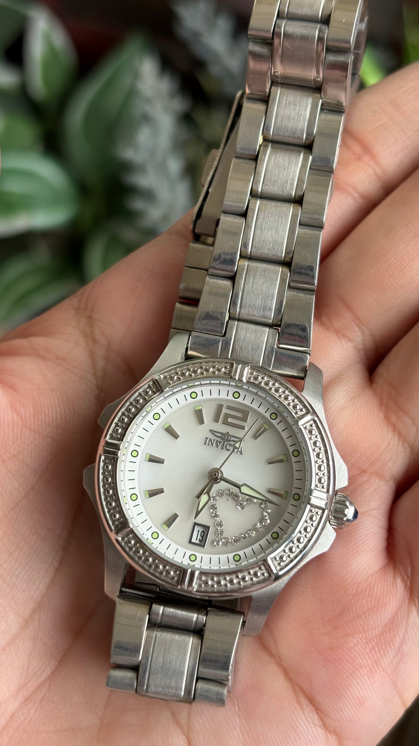 Vintage Invicta Bejeweled Watch in Silver Tone With Window Date