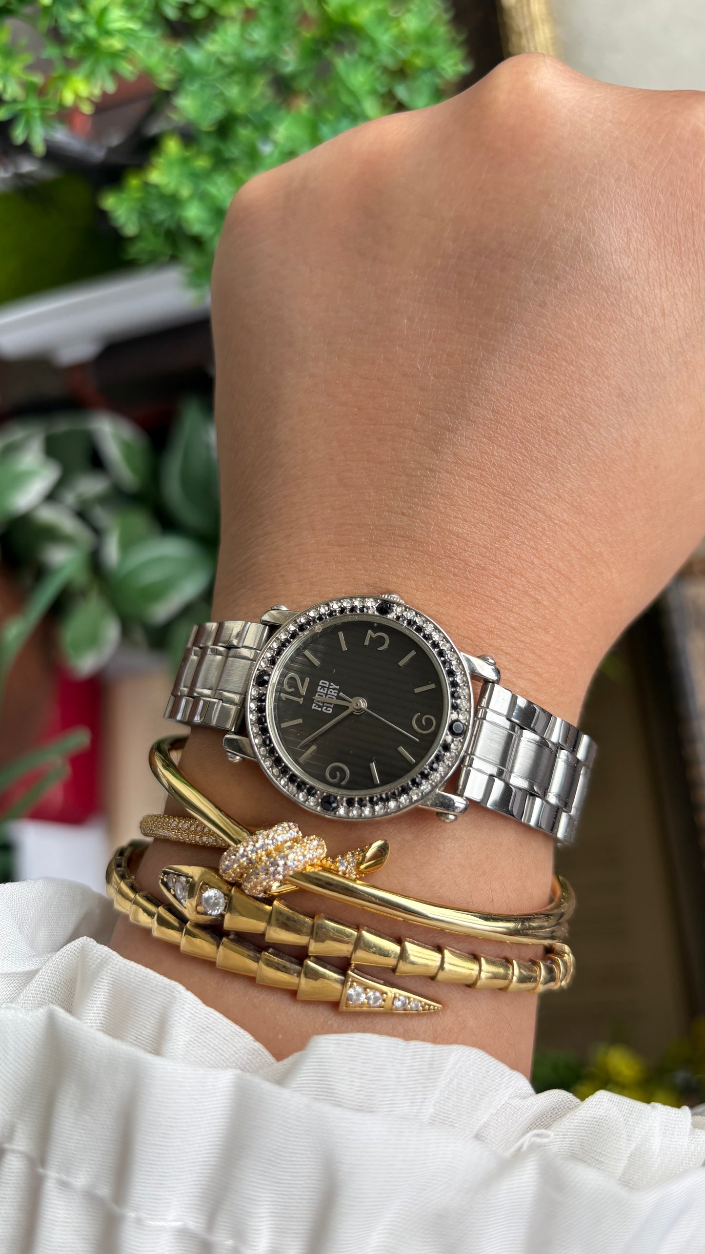 Vintage Faded Glory Bejeweled Watch in Silver Tone in Black Dial
