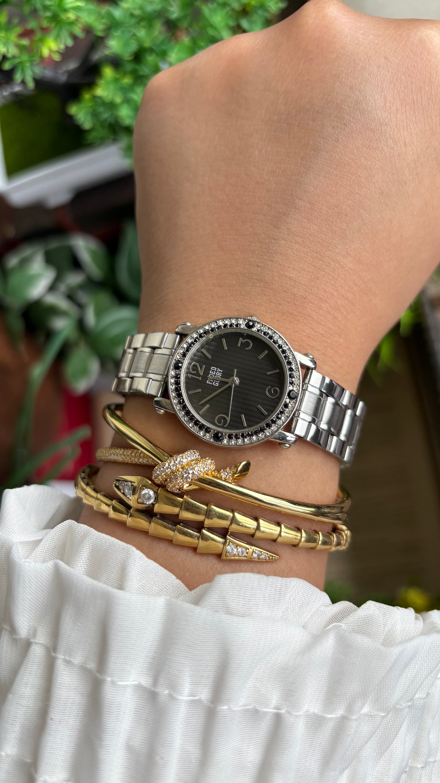 Vintage Faded Glory Bejeweled Watch in Silver Tone in Black Dial