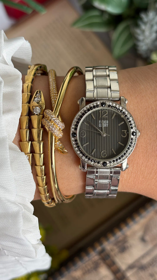 Vintage Faded Glory Bejeweled Watch in Silver Tone in Black Dial
