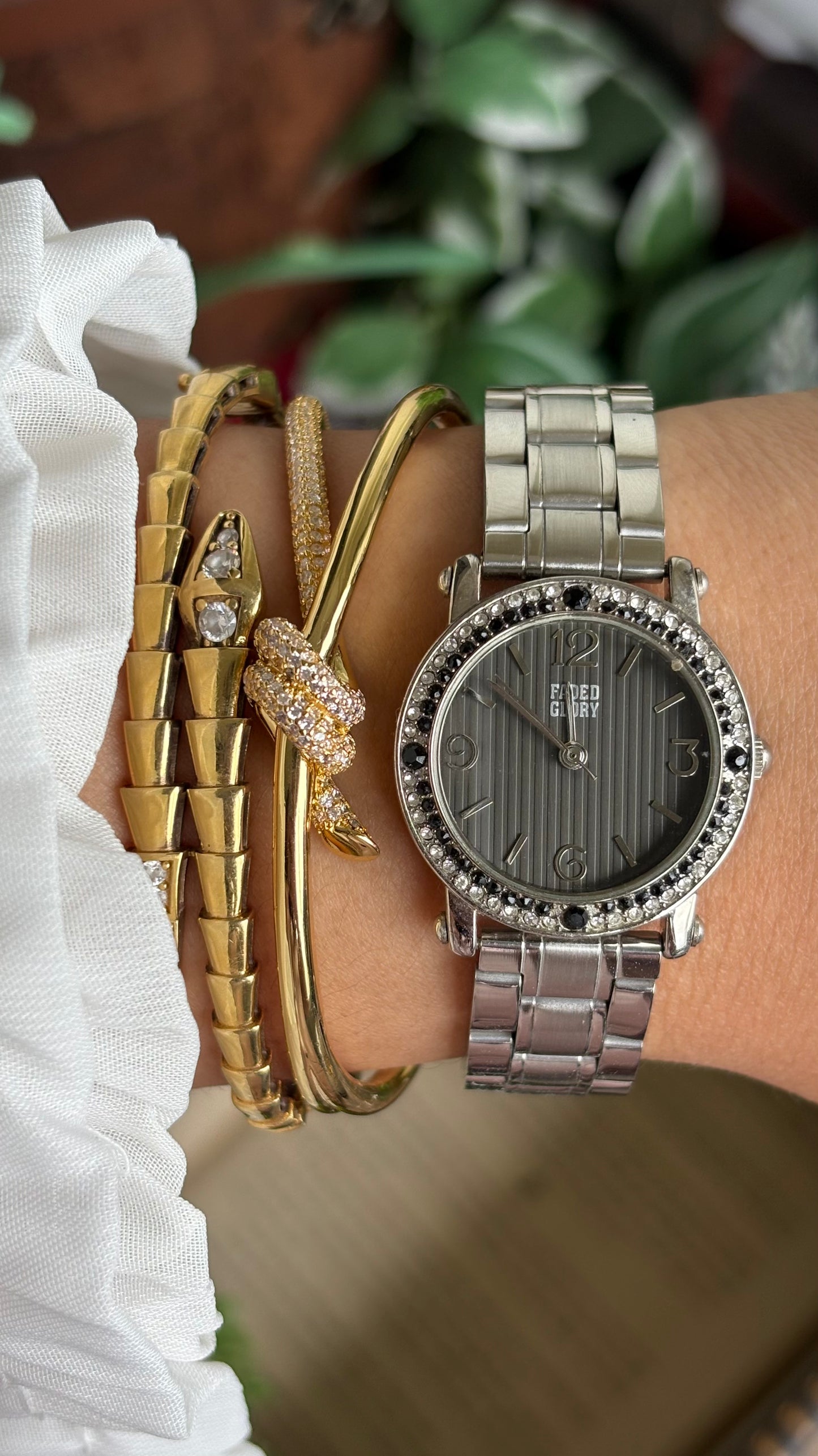 Vintage Faded Glory Bejeweled Watch in Silver Tone in Black Dial