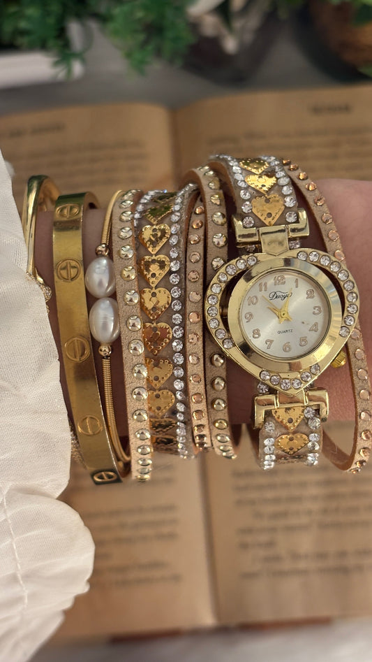 Rare Vintage Duoyo Heart Sequin Rhinestone Bracelet Watch in Gold Tone Brown Leather Quartz