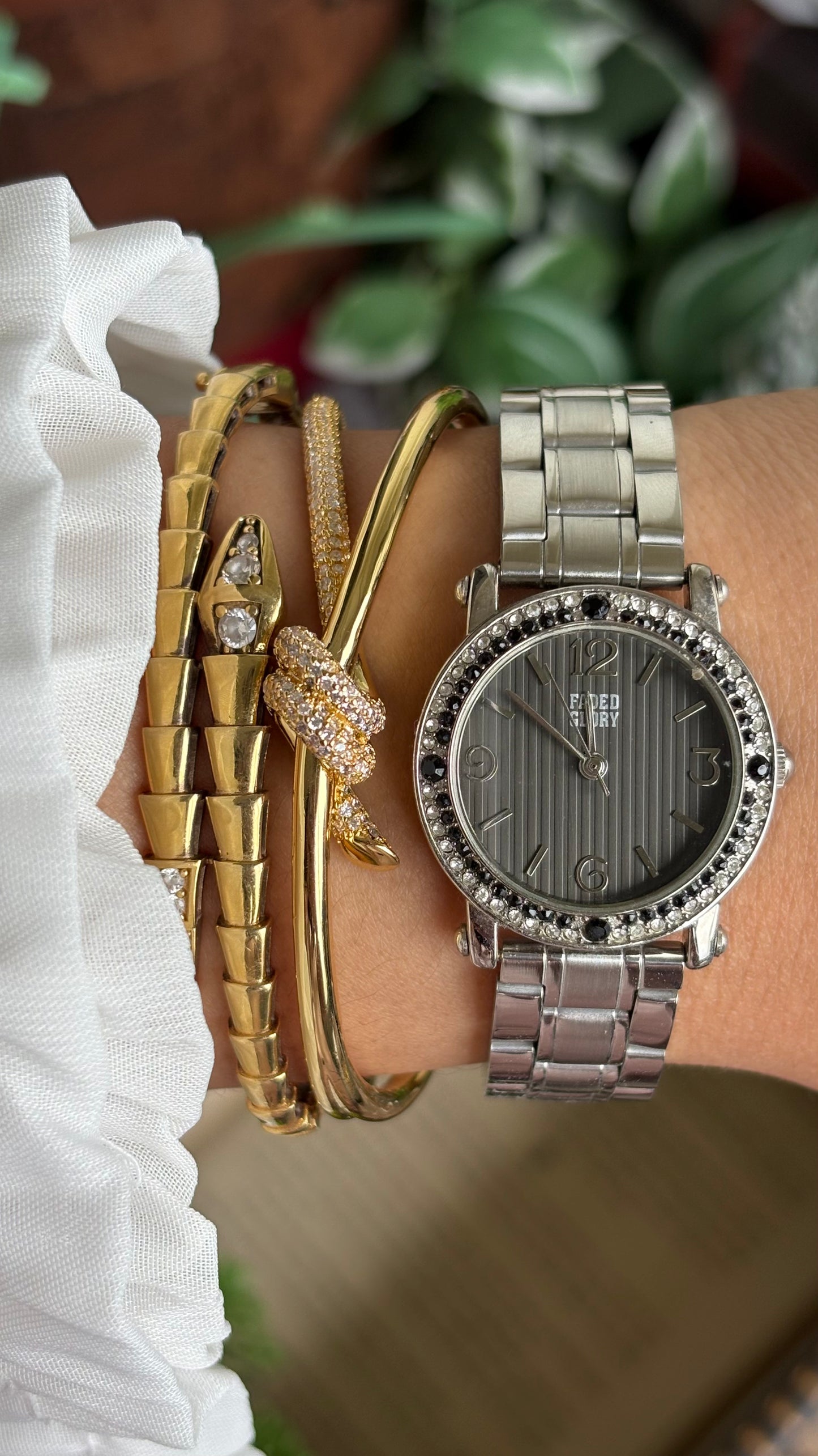 Vintage Faded Glory Bejeweled Watch in Silver Tone in Black Dial