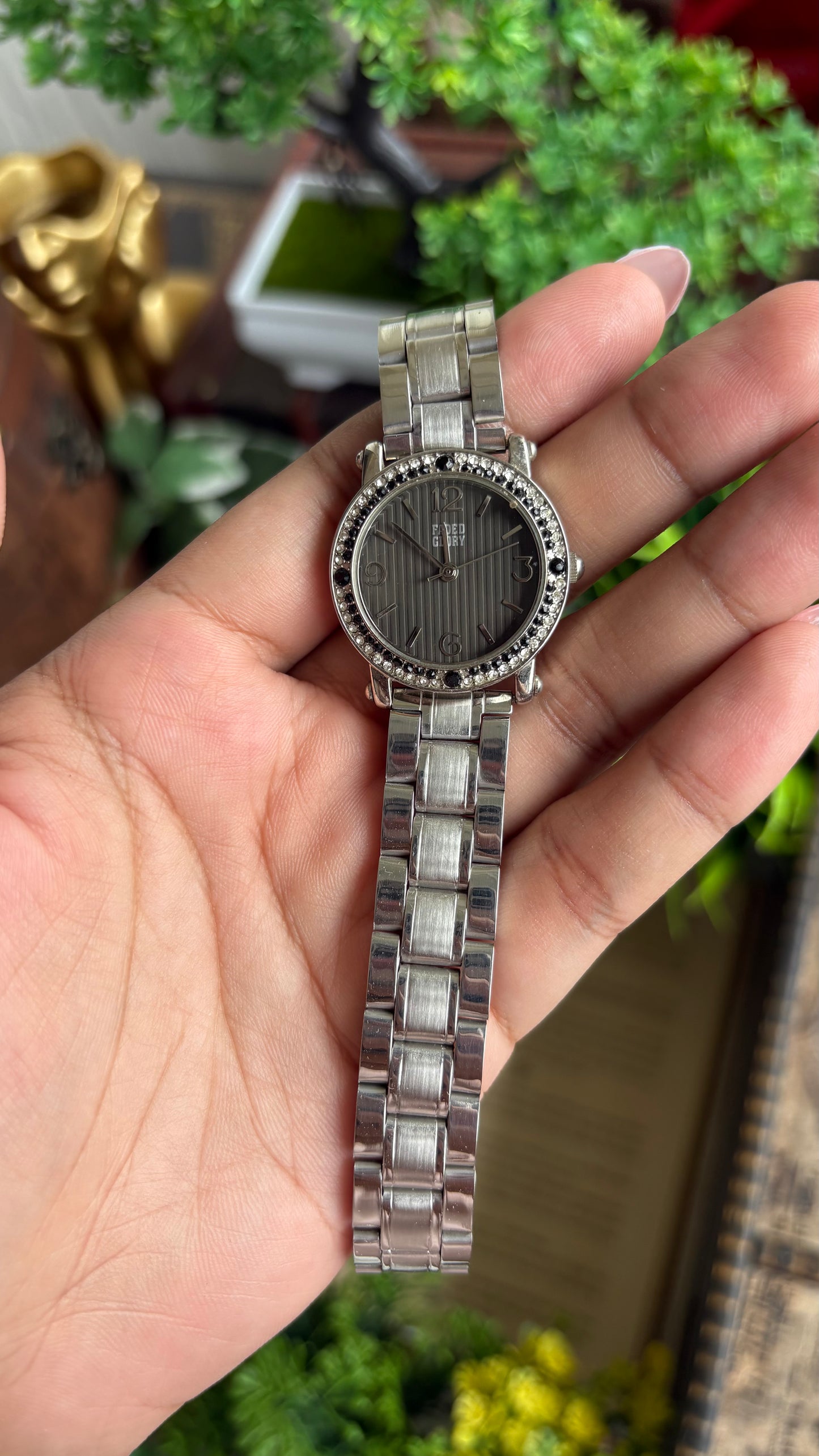 Vintage Faded Glory Bejeweled Watch in Silver Tone in Black Dial
