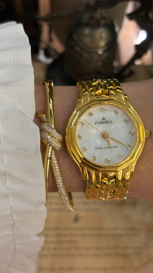 Vintage Forbel Diacut Glass Pearls and Diamonds Classic Watch in Gold Tone Quartz