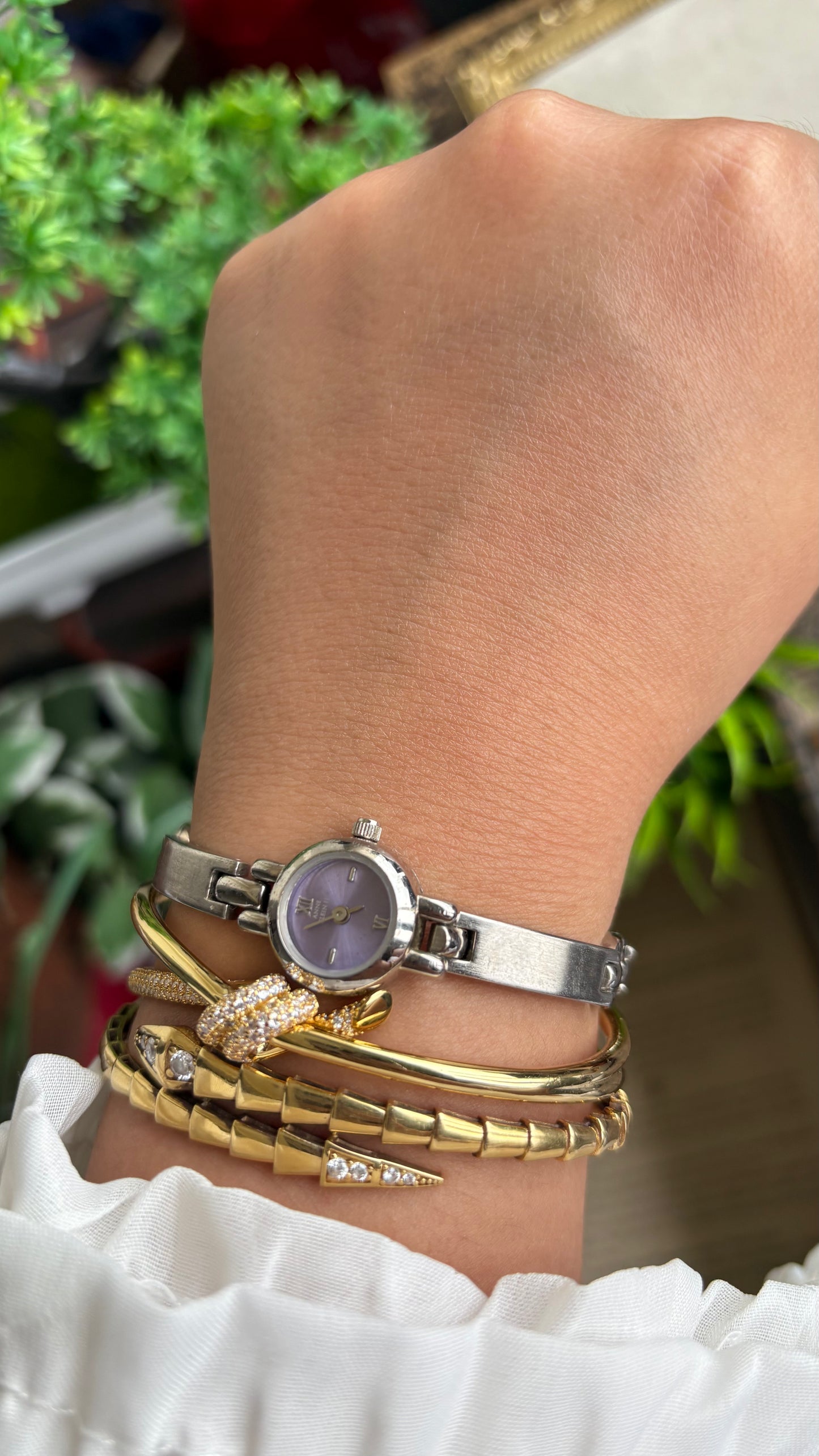 Extremely Rare Vintage Anne Klein Watch in Silver Tone Super Dainty Purple Dial