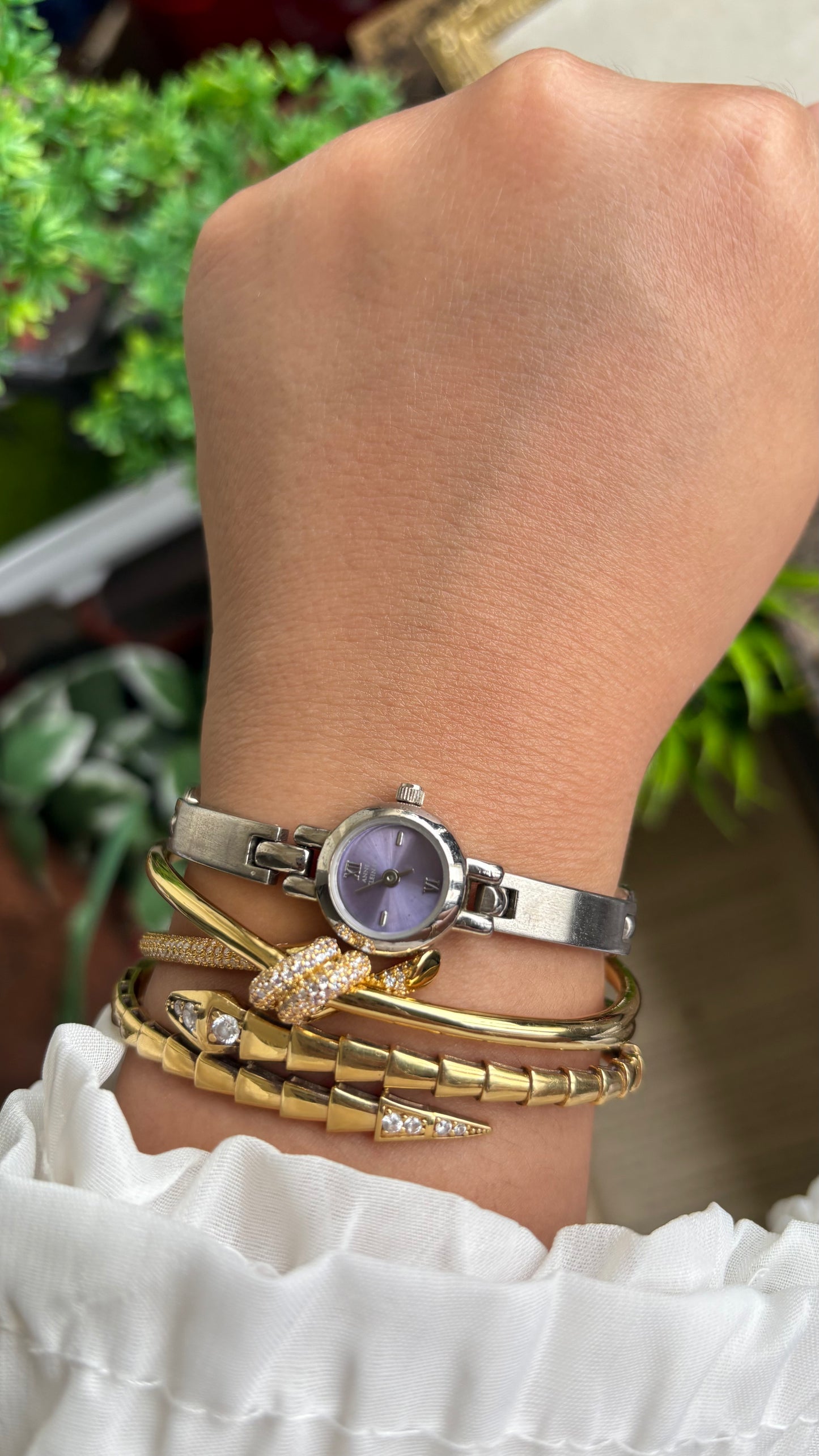 Extremely Rare Vintage Anne Klein Watch in Silver Tone Super Dainty Purple Dial