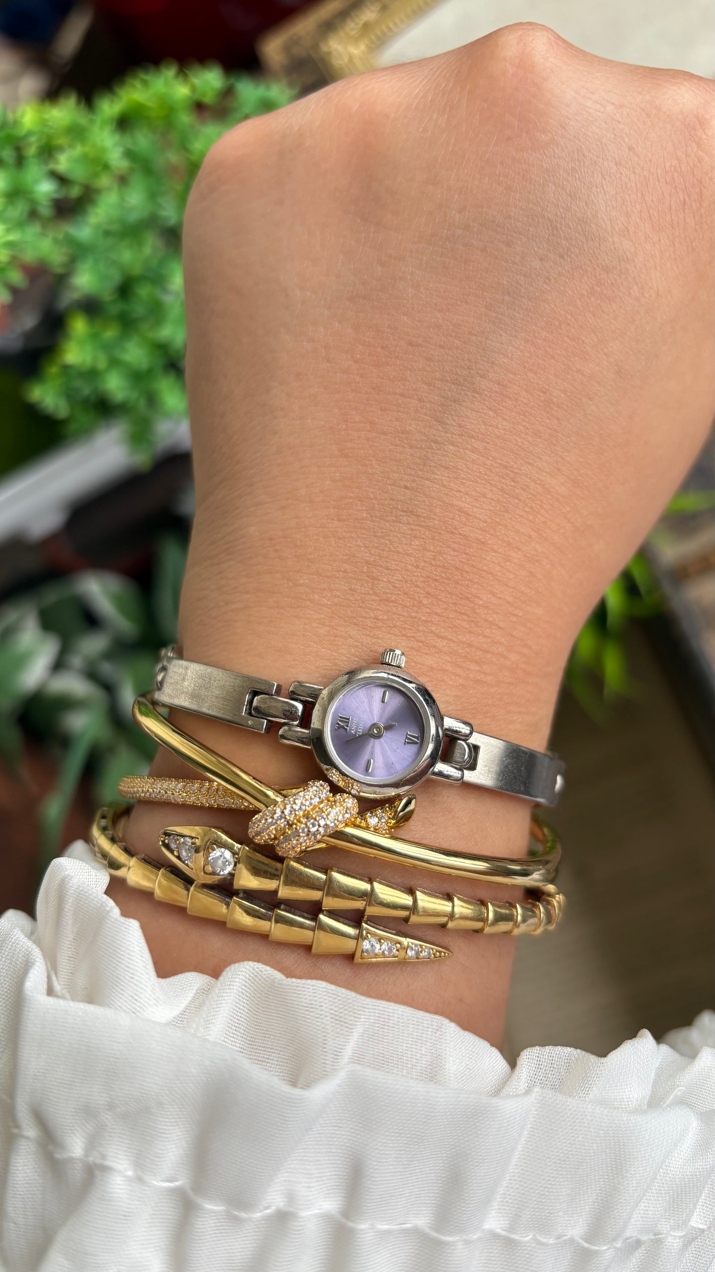 Extremely Rare Vintage Anne Klein Watch in Silver Tone Super Dainty Purple Dial
