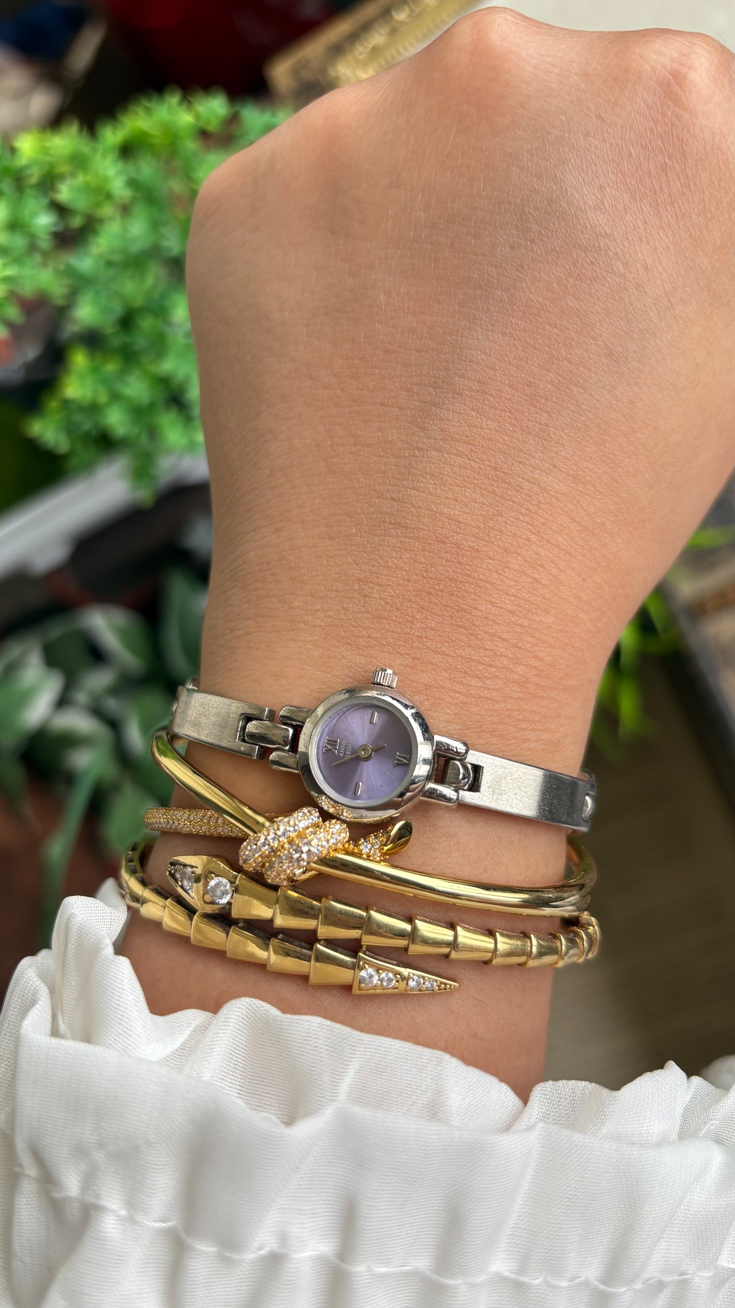 Extremely Rare Vintage Anne Klein Watch in Silver Tone Super Dainty Purple Dial